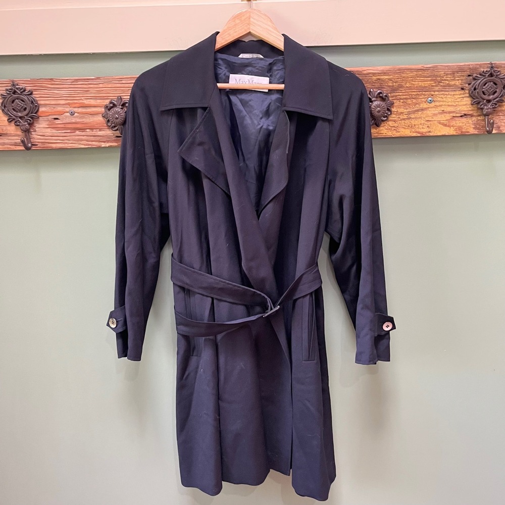 Vintage Max Mara Mainline 100% Virgin Wool Belted Trench Wrap Coat - Navy Blue 4